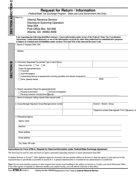 Fillable Form 8796-A - Request For Return / Information Printable pdf