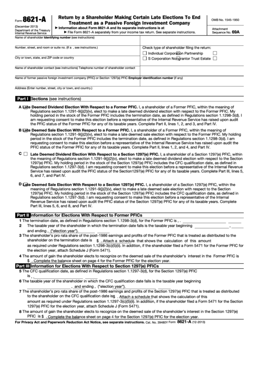 Fillable Form 8621-A - Return By A Shareholder Making Certain Late Elections To End Treatment As A Passive Foreign Investment Company Printable pdf