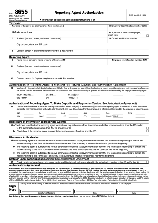 Fillable Form 8655 - Reporting Agent Authorization Printable pdf