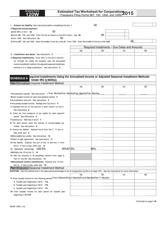 Fillable Arizona Form 120w - Estimated Tax Worksheet For Corporations - 2015 Printable pdf