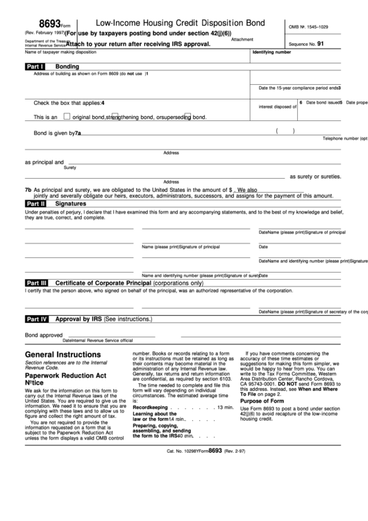 Fillable Form 8693 - Low-Income Housing Credit Disposition Bond Printable pdf