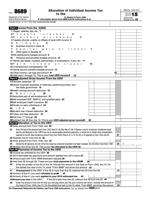 Fillable Form 8689 - Allocation Of Individual Income Tax To The U.s. Virgin Islands - 2015 Printable pdf