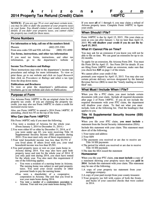Instructions For Arizona Form 140ptc - Property Tax Refund (Credit) Claim - 2014 Printable pdf