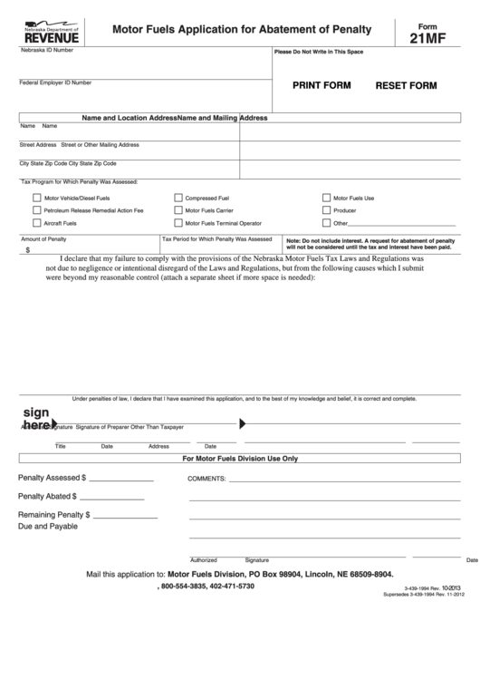 Fillable Form 21mf - Motor Fuels Application For Abatement Of Penalty Printable pdf