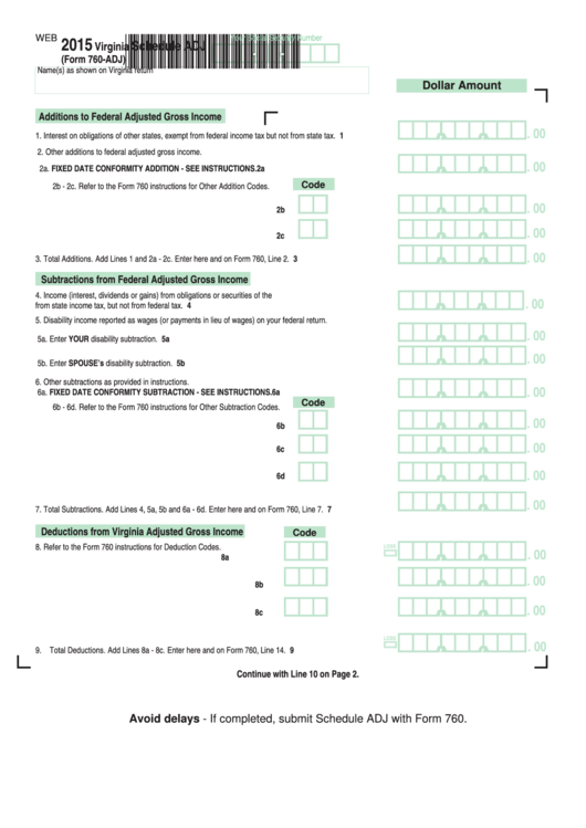 Fillable Virginia Schedule Adj (Form 760-Adj) - 2015 Printable pdf