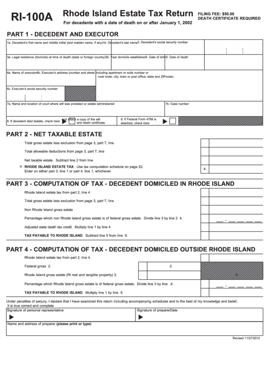 Fillable Form Ri-100a - Rhode Island Estate Tax Return Printable pdf