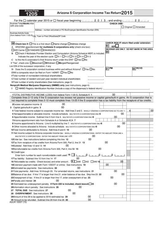 Fillable Arizona Form 120s - Arizona S Corporation Income Tax Return - 2015 Printable pdf