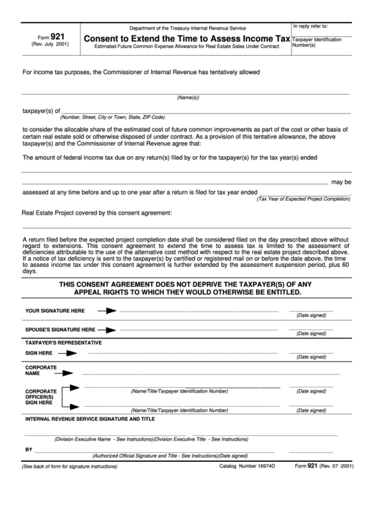 Fillable Form 921 - Consent To Extend The Time To Assess Income Tax Printable pdf