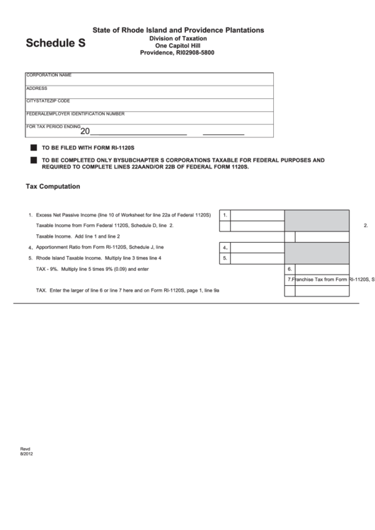 Fillable Form Ri-1120s - Schedule S - Rhode Island Division Of Taxation Printable pdf
