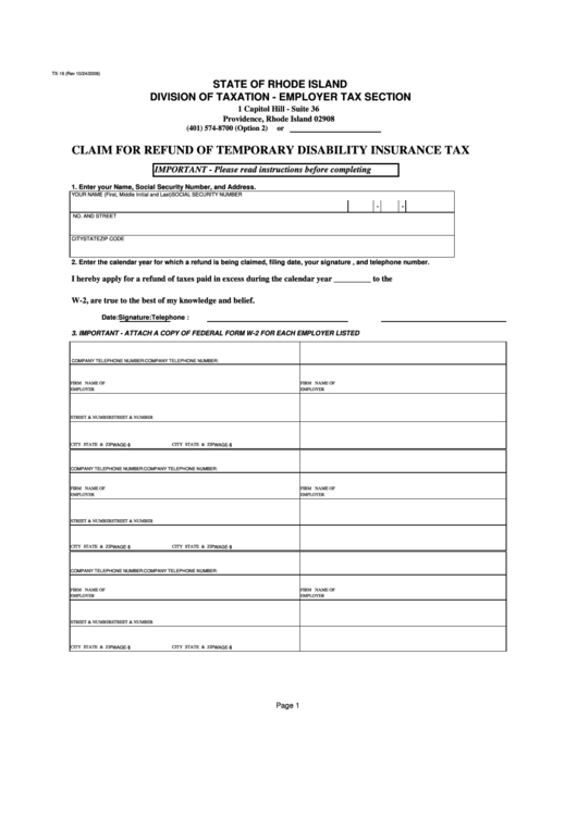 Fillable Form Tx-16 - Claim For Refund Of Temporary Disability Insurance Tax Printable pdf