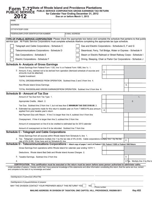 Fillable Form T-72 - Public Service Corporation Gross Earnings Tax Return - 2012 Printable pdf
