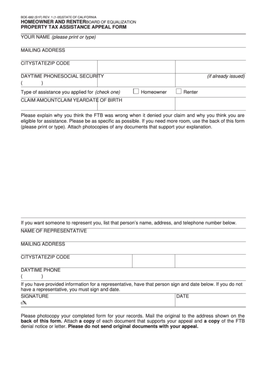 Fillable Form Boe-682 (S1f) - Homeowner And Renter Property Tax Assistance Appeal Form Printable pdf