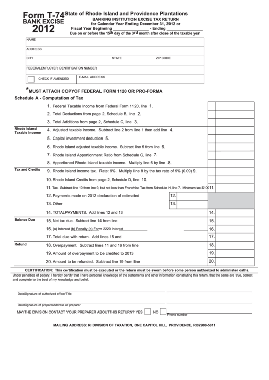 Form T-74 - Banking Institution Excise Tax Return - 2012 Printable pdf