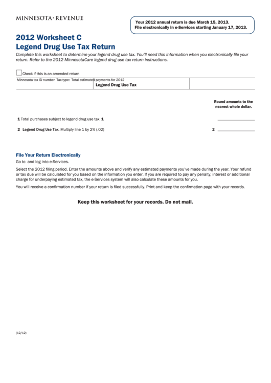 Fillable Worksheet C - Legend Drug Use Tax Return - 2012 Printable pdf