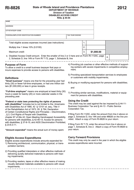 Fillable Form Ri-8826 - Disabled Access Credit - 2012 Printable pdf