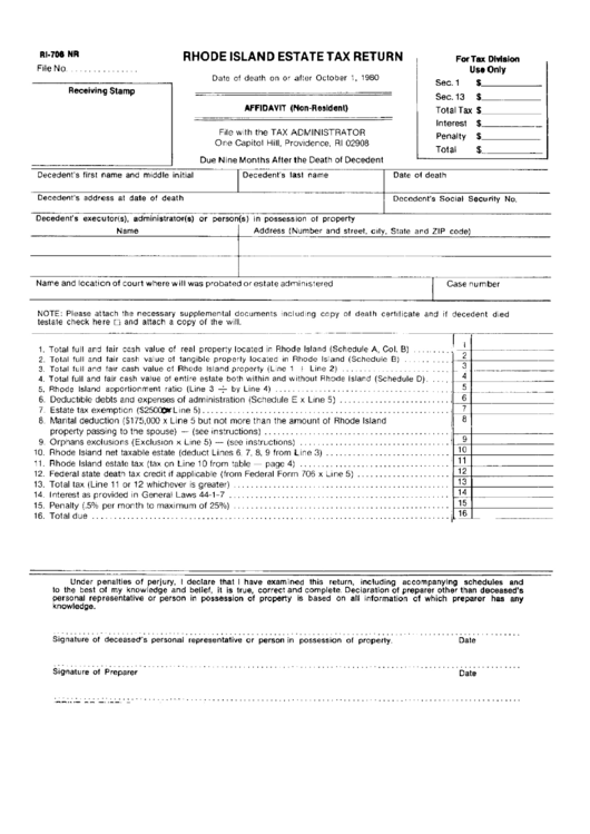 Form Ri-706 Nr - Rhode Island Estate Tax Return Printable pdf