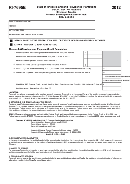 Fillable Form Ri-7695e - Research & Development Expense Credit - 2012 Printable pdf