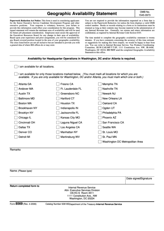 Fillable Form 8569 - Geographic Availability Statement Printable pdf