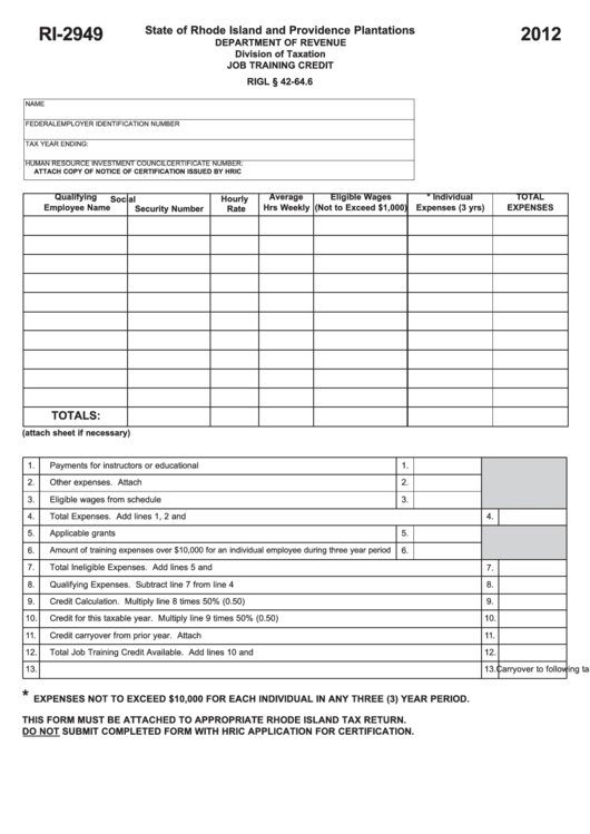 Fillable Form Ri-2949 - Job Training Credit - 2012 Printable pdf
