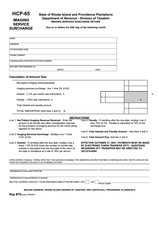 Form Hcp-65 - Imaging Services Surcharge Return Printable pdf