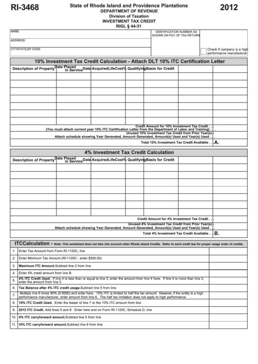 Fillable Form Ri-3468 - Investment Tax Credit - 2012 Printable pdf