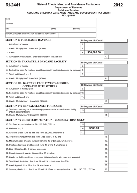 Fillable Form Ri-2441 - Adult And Child Day Care Assistance And Development Tax Credit - 2012 Printable pdf