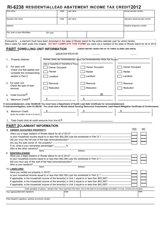 Fillable Form Ri-6238 - Residential Lead Abatement Income Tax Credit - 2012 Printable pdf