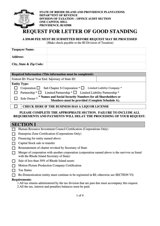 Fillable Request For Letter Of Good Standing - Rhode Island Department Of Revenue Printable pdf