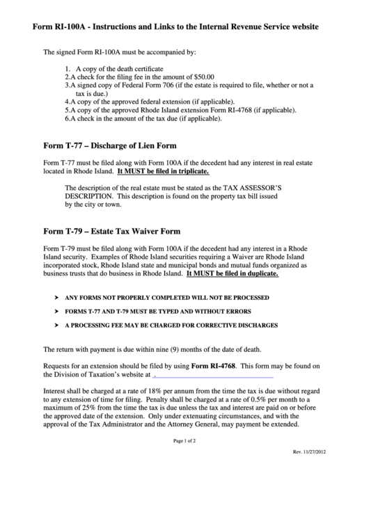 Form Ri-100a - Instructions And Links To The Internal Revenue Service Website Printable pdf