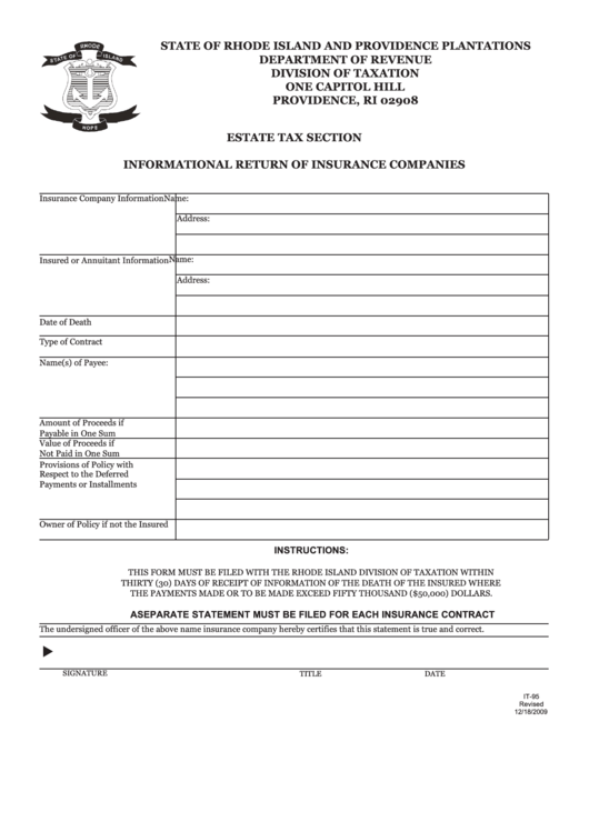 Form It-95 - Informational Return Of Insurance Companies Printable pdf