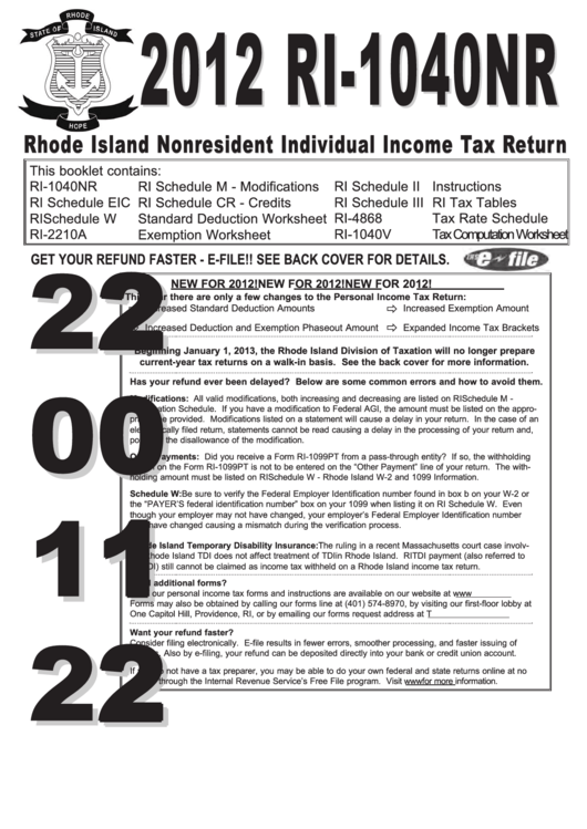 Form Ri-1040nr - Rhode Island Nonresident Individual Income Tax Return - 2012 Printable pdf