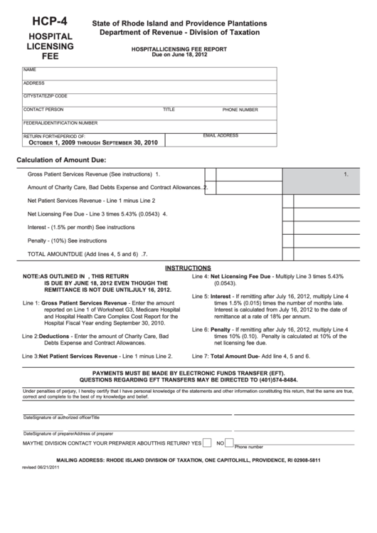 Fillable Form Hcp-4 - Hospital Licensing Fee Report Printable pdf
