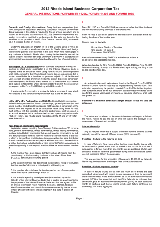 2012 Rhode Island Business Corporation Tax Instructions (Form Ri-1120c, Form Ri-1120s And Form Ri-1065) - 2012 Printable pdf