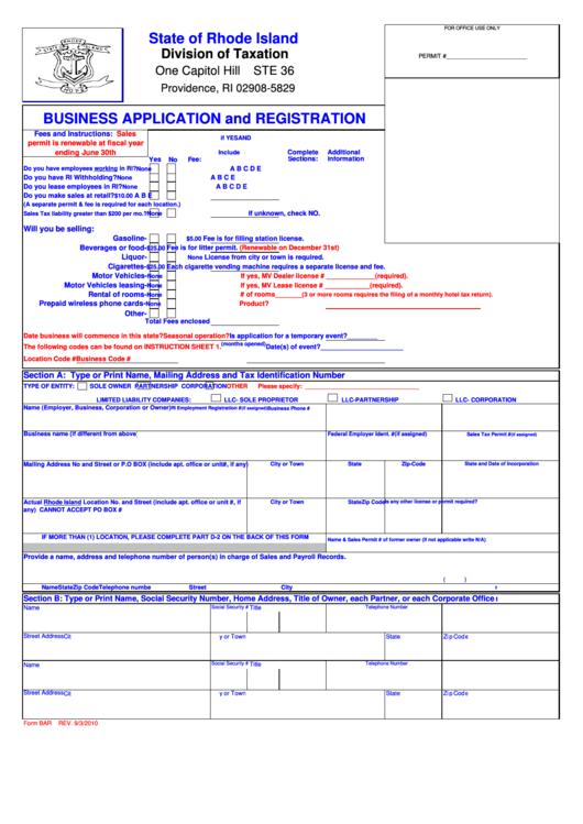 Form Bar - Business Application And Registration Printable pdf
