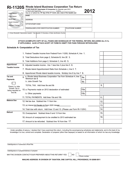 Fillable Form Ri-1120s - Rhode Island Business Corporation Tax Return - 2012 Printable pdf