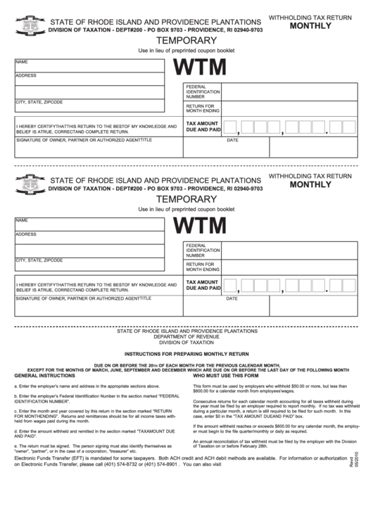Form Wtm - Withholding Tax Return Printable pdf