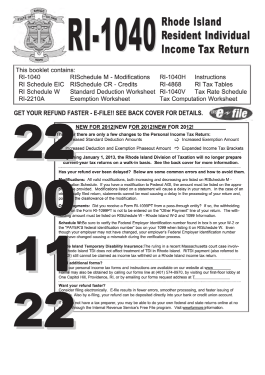 Form Ri-1040 - Rhode Island Resident Individual Income Tax Return - 2012 Printable pdf