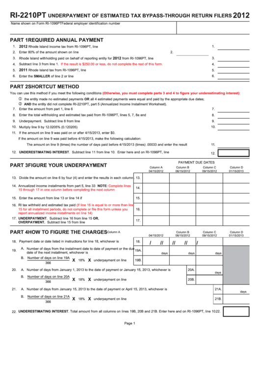 Fillable Form Ri-2210pt - Underpayment Of Estimated Tax By Pass-Through Return Filers - 2012 Printable pdf