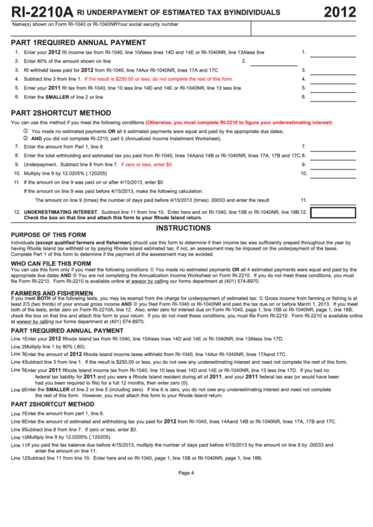 Fillable Form Ri-2210a - Underpayment Of Estimated Tax By Individuals - 2012 Printable pdf