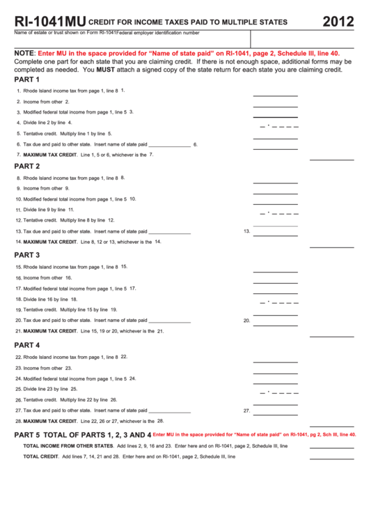 Fillable Form Ri-1041mu - Credit For Income Taxes Paid To Multiple States - 2012 Printable pdf
