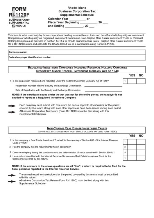 Fillable Form Ri-1120f - Business Corporation Tax - Supplemental Schedule Printable pdf
