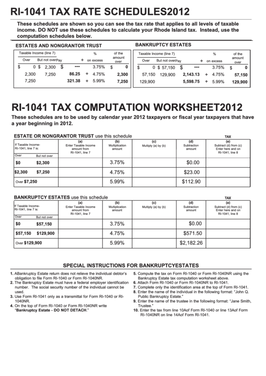 Fillable Form Ri-1041 - Tax Computation Worksheet - 2012 Printable pdf