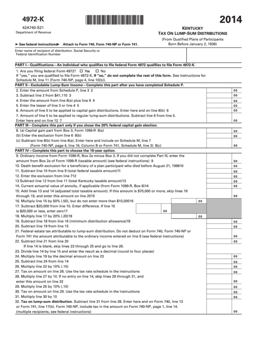 Fillable Form 4972-K - Kentucky Tax On Lump-Sum Distributions - 2014 Printable pdf