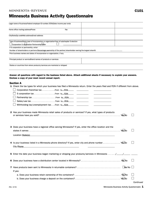 Fillable Form C101 - Minnesota Business Activity Questionnaire Printable pdf