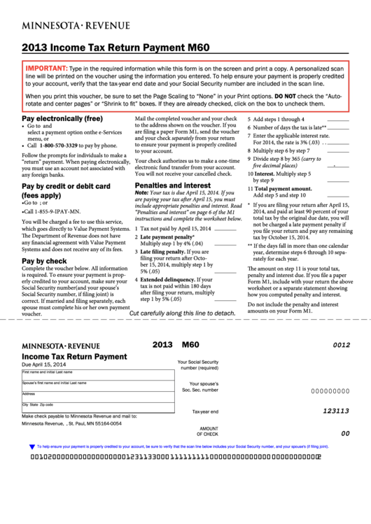 Fillable Form M60 - Income Tax Return Payment - Minnesota Department Of Revenue - 2013 Printable pdf