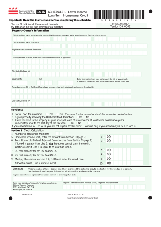 Schedule L - Columbia Lower Income Long-term Homeowner Credit - 2015