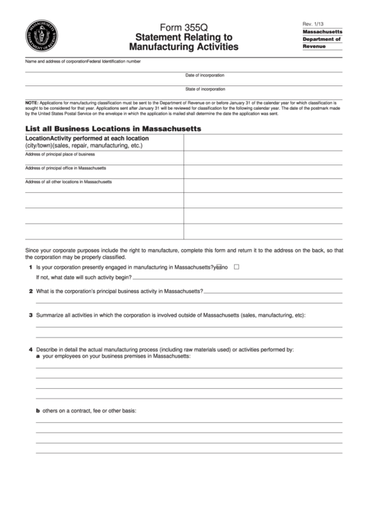 Form 355q - Statement Relating To Manufacturing Activities - Massachusetts Department Of Revenue Printable pdf