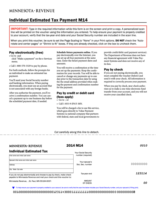 Fillable Form M14 - Individual Estimated Tax Payment - 2014 Printable pdf