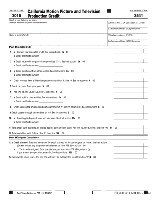 Form 3541 - California Motion Picture And Television Production Credit - 2015 Printable pdf
