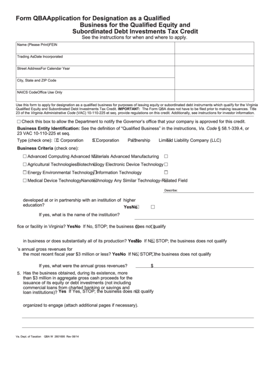 Fillable Form Qba - Virginia Application For Designation As A Qualified Business For The Qualified Equity And Subordinated Debt Investments Tax Credit Printable pdf